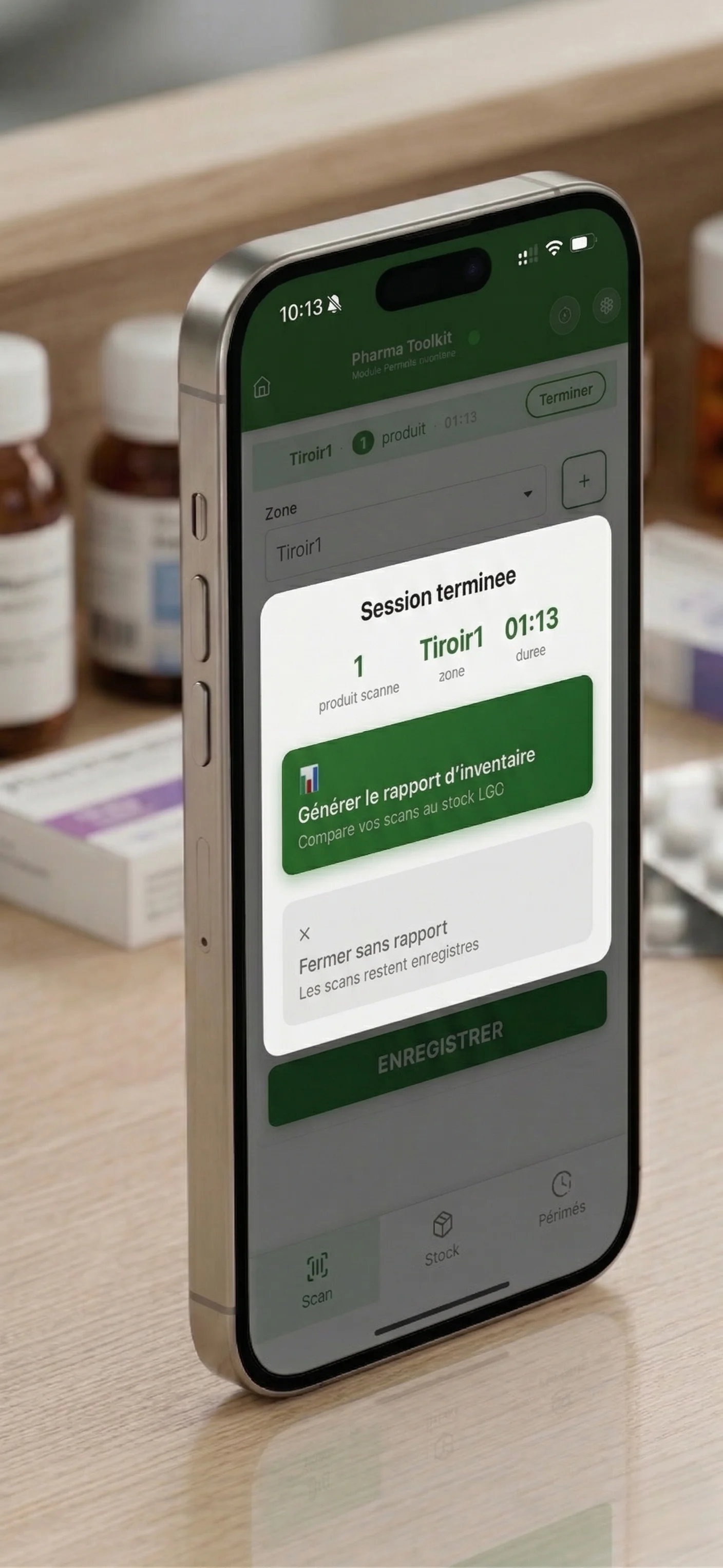 Écran de fin de session — résumé et génération du rapport