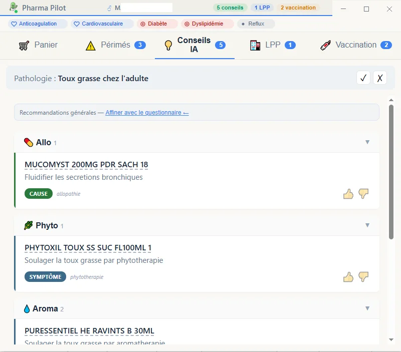 Pharma Pilot — conseil officinal augmenté par IA : affinement clinique contextuel selon les symptômes du patient.